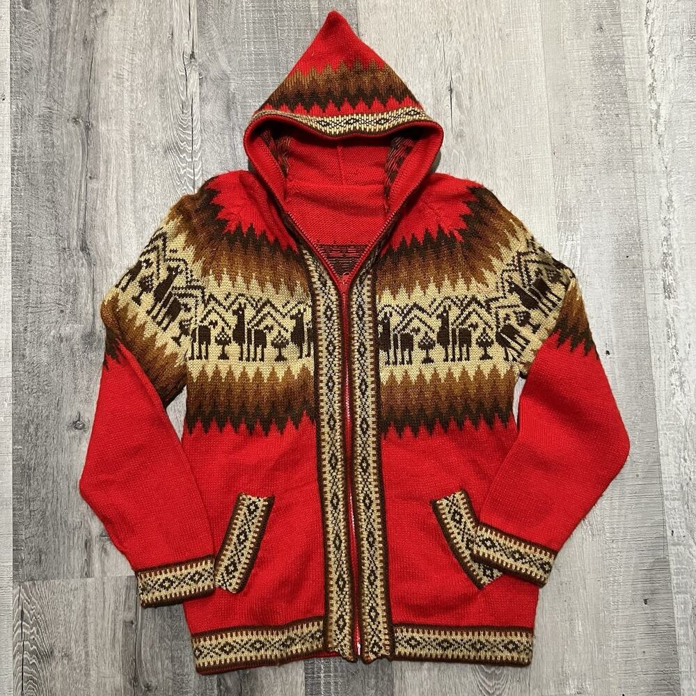 Vintage Alpaca Wool Peruvian Knit Hoodie Red Full Zip Fuzzy Hooded Sweater Sz M